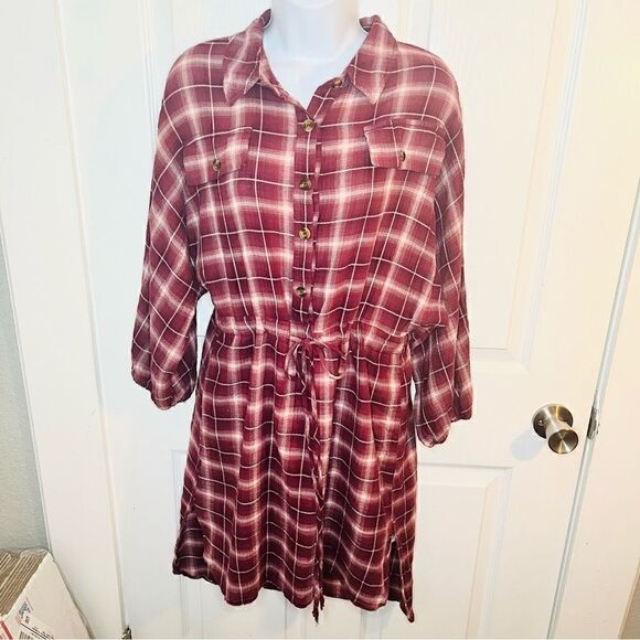 Wild Moss Women's Burgundy Long Sleeve Plaid Mini Shirt Dress M - Picture 4 of 12